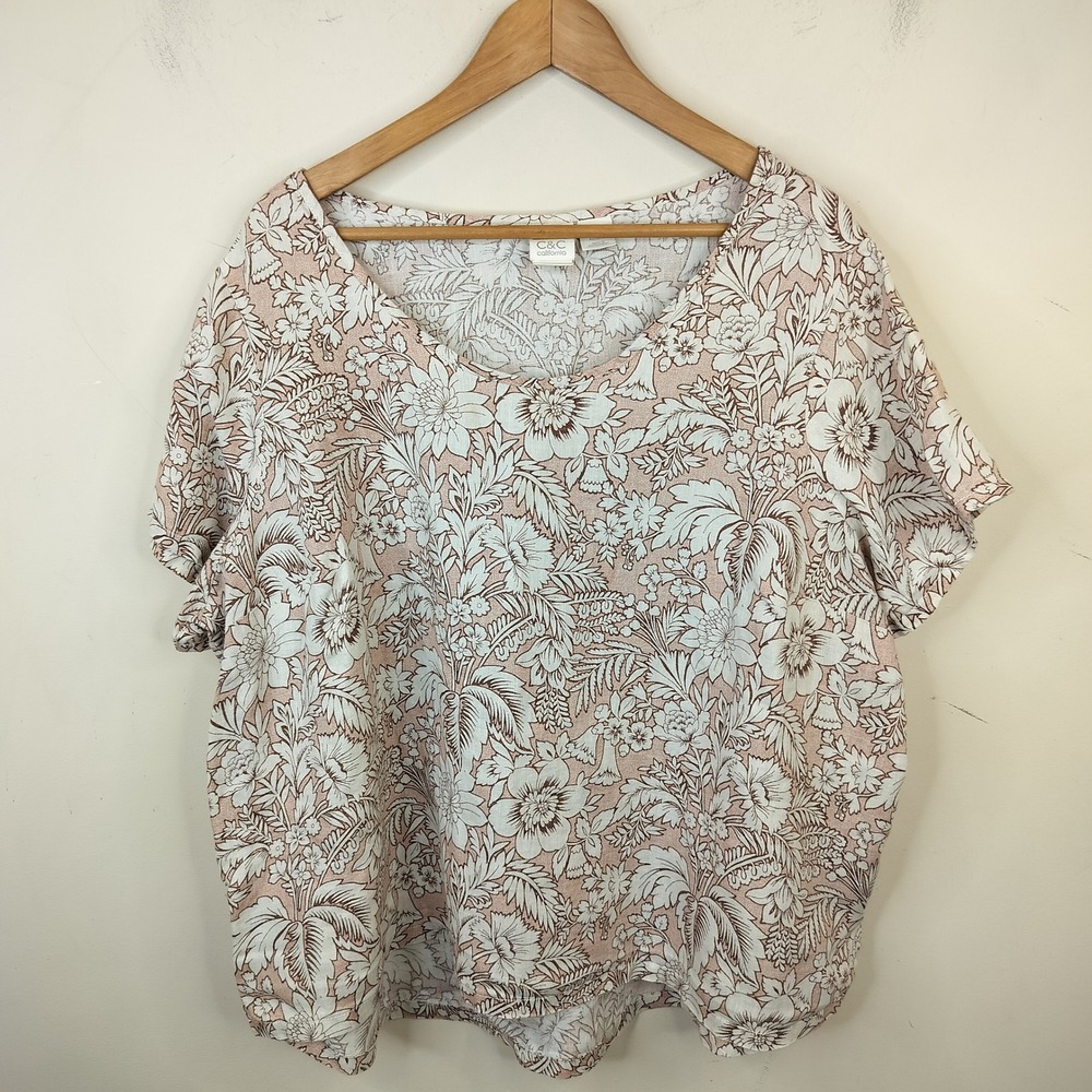 C&C California Floral Linen Top Womens 2X Short Sleeve Hi Low Lightweight